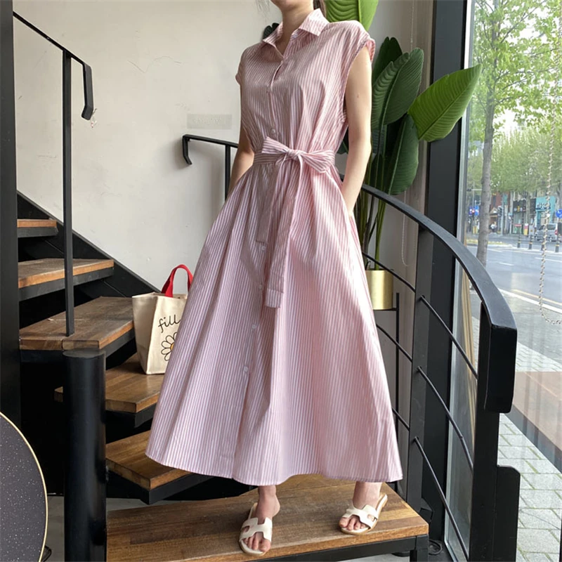 Damen Sommerkleid, neu, gestreift, mit Bindegürtel, schmal geschnitten, ärmellos, Midikleid, lässig, elegant, für Büro und Freizeit, mit Taschen, DR1970 – Detail 7