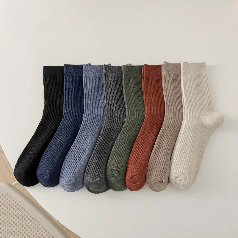 

8 пар однотонных мужских носков с вертикальной полосой, повседневные удобные носки средней длины, дышащие, впитывающие пот, модные мужские носки