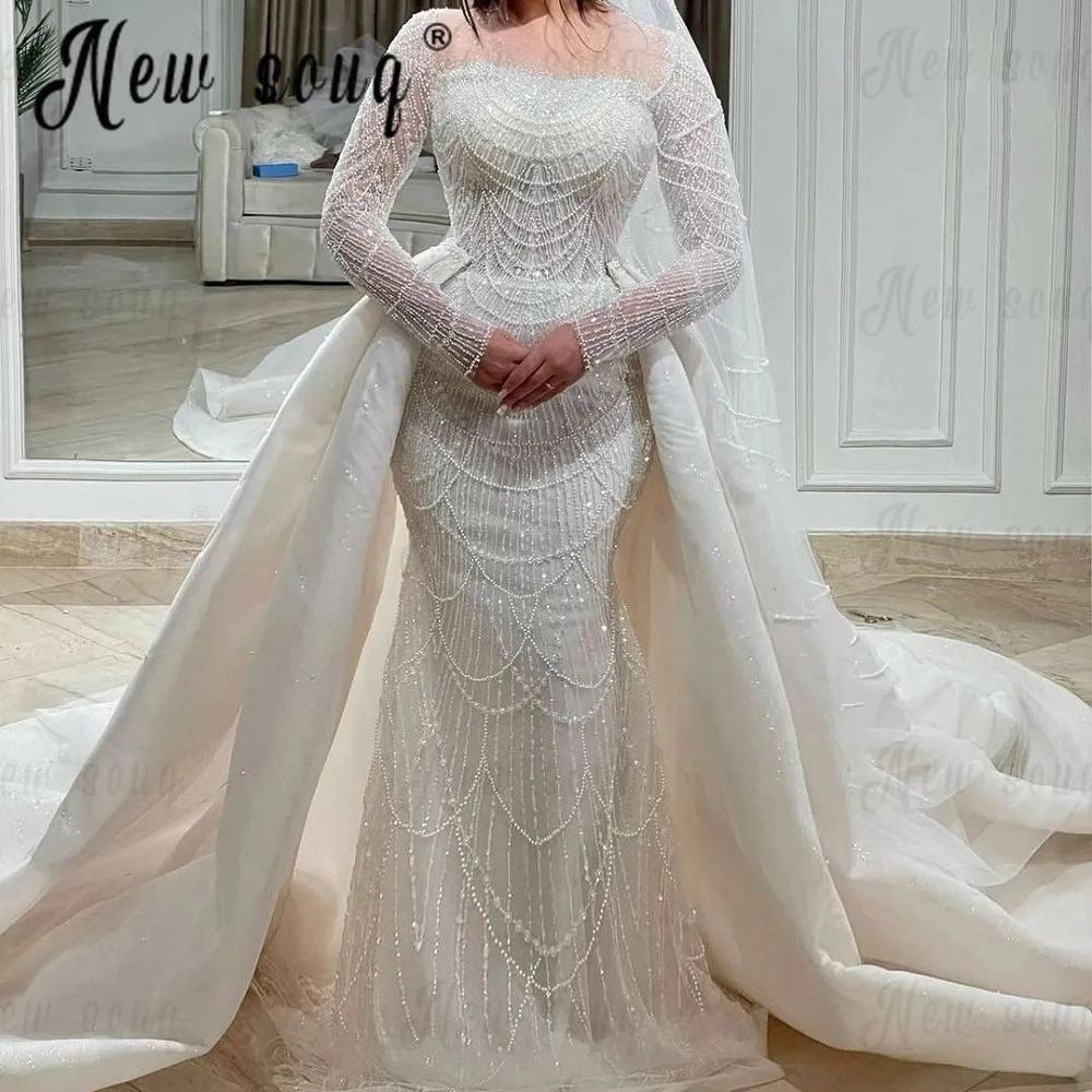 

2023 Luxury Pearls Wedding Dress With Detachable Train Plus Size Women Bridal Gowns Long Sleeves Mermaid Vestido De Noiva Dubai