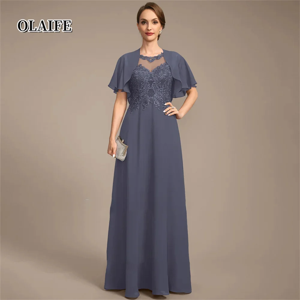 Neue U-Ausschnitt Mutter der Braut Kleid bodenlangen Chiffon Spitze A-Linie Abendkleider Vestidos Mae da Noiva Casamentos