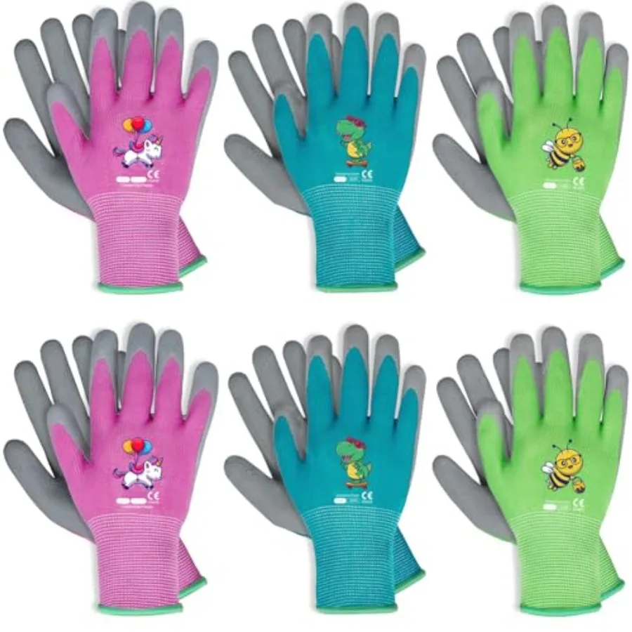 Gardening Gloves Ages 5-7, Yard Work Gloves for Toddlers, Youth, Girls, Boys,,Soft Safety Rubber Glove, 6 Pairs Green, Blue and