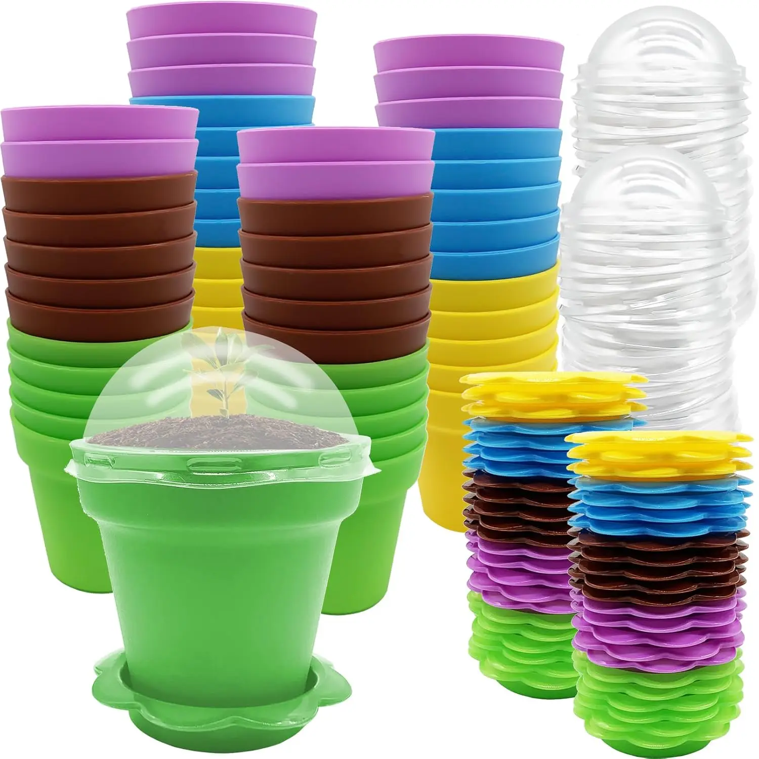 

1N 50 упаковок горшков для рассады с куполом для контроля влажности - контейнеры-стаканчики для посадки - маленькие цветочные горшки для комнатных и уличных растений