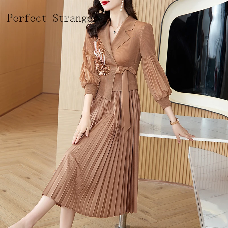 Sanzhai Pleated Dress 2024 Spring Summer New Suit Collar Bubble Sleeve  Slim  Elastic Waist Mesh Splice Magic Women Long Dress