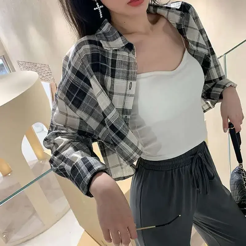 Shirts Women Sun-proof Plaid Fashion Thin Crop Top Korean Style College All-match Loose Ladies Harajuku Leisure Sexy Ins Mujer