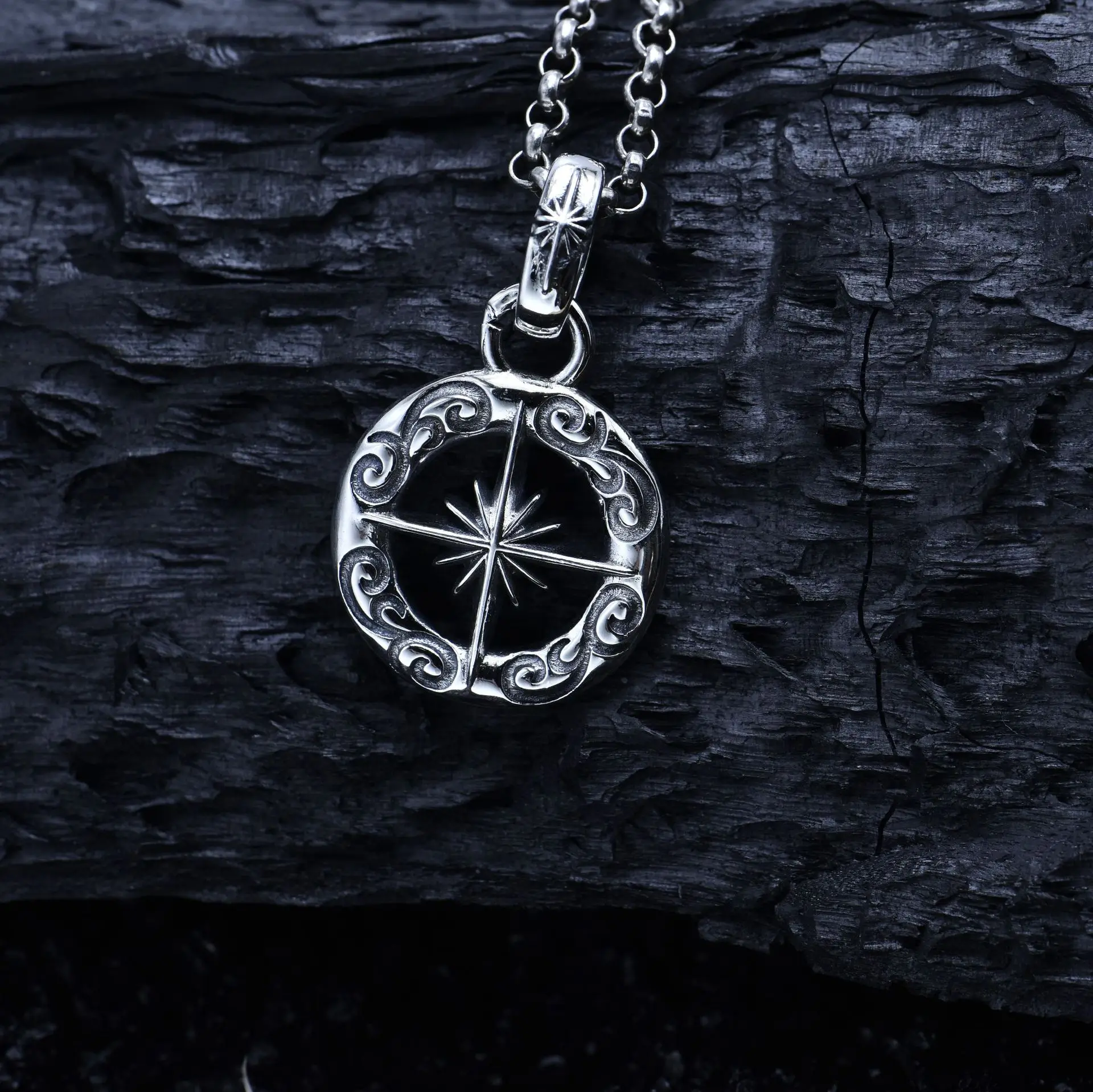 Silver navigation asterism compass necklace men's vintage punk style compass pendant North Star boat anchor men