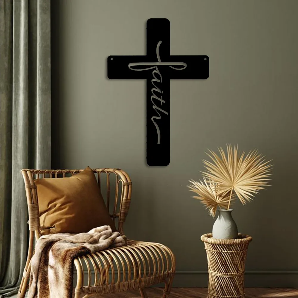 Faith Cross Wall Sign Metal Black Plaque Laser Cut Hollow Out Wall Hanging for Living Bedroom Indoor Outdoor Decoration