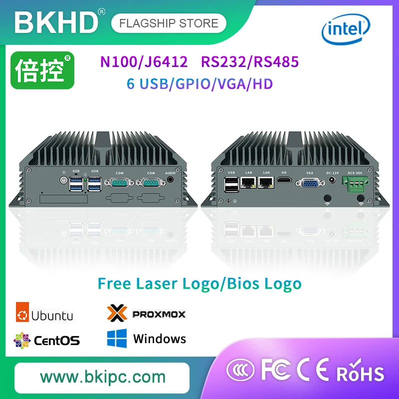 

BKHD N100 J6412 Mini PC 6 USB Embedded Wall Mounted Host 9V 24V 36V Wide Voltage Linux RS232 RS485 Network Security VPN Firewall
