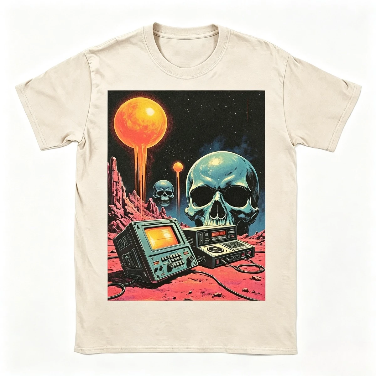 Men's T‑shirt Vintage Retro Space Skull Old Electronic Devices Graphic Print Cotton Sci Fi Street Daily Casual Tops Men Clothing