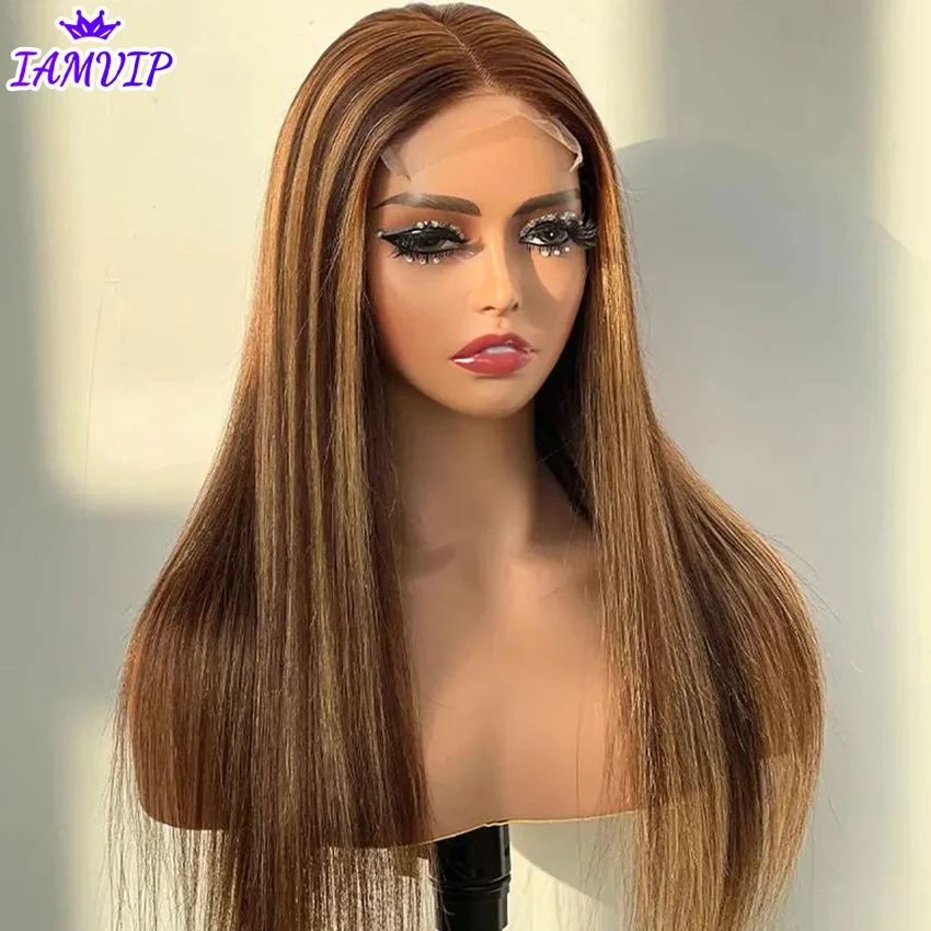 13x4 Hd Highlight Lace Front Wig For Black Women Straight Remy Human Hair P4/27 Piano Highlight Colored Lace Wig  Pre Plucked