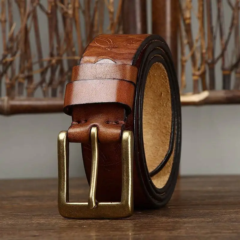 Retro Men's Solid Brass Buckle Belt Casual Leather Pin Buckle Belt Denim First Layer Cowhide Handmade Belt