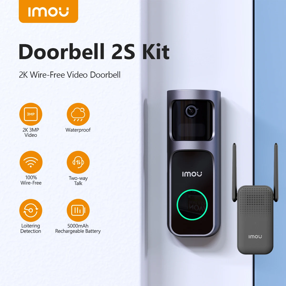 IMOU Video Doorbell 2S Set 5000mAh Rechargeable Battery 30°Pan Lens Human Detection Two-way Talk Waterproof 100% Wire-Free Chime