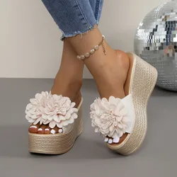 Wedges Sandals Women Slippers Summer Beach Platform Shoes Flower Round Headed Solid Color Women High Heel Slippers Size 35-43