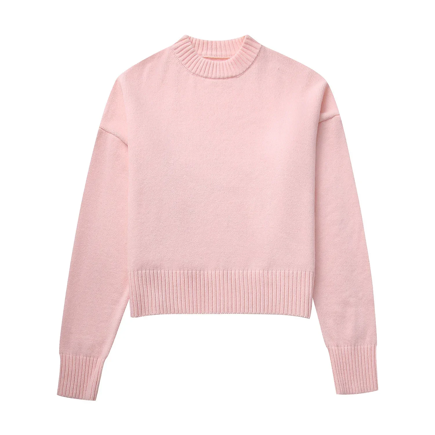 

Fashion Pink Knit O-neck Sweaters Women Solid Color Casual Loose Long Sleeve Crop Top Knitwear 2023 Autumn Highstreet Pullover