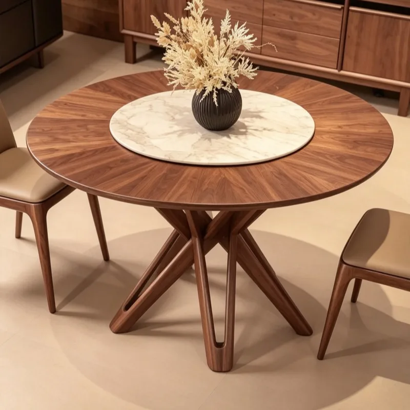 New Chinese black walnut round dining table, solid wood radial countertop rock slab turntable large, medium and small