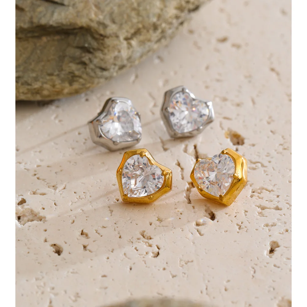 Yhpup Valentine's Day Gifts Stainless Steel Cubic Zirconia Heart Love Stud Earrings Delicate Romantic Charming Jewelry