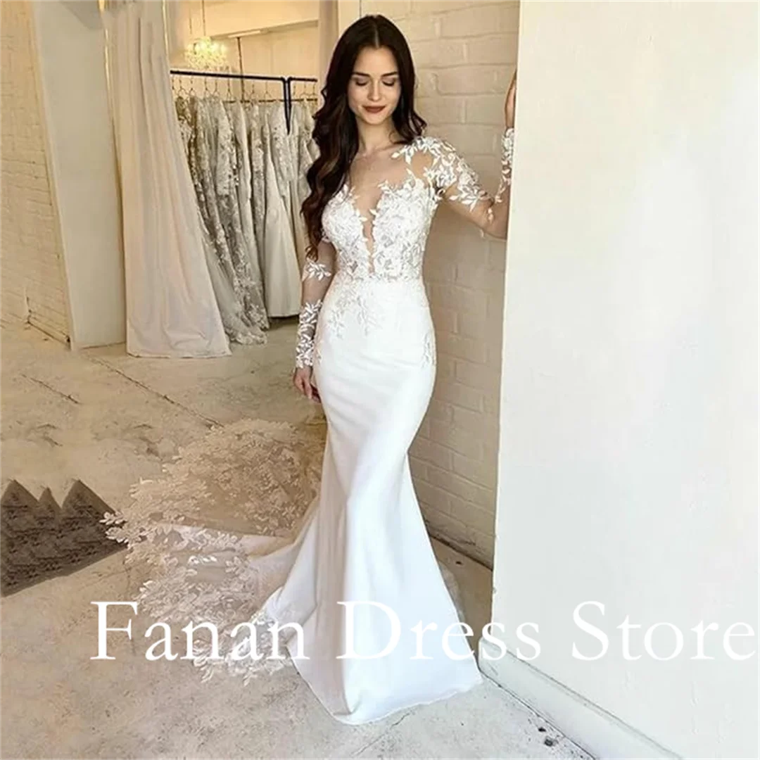 

Fanan Long Sleeves Fishtail Wedding Dress Mermaid Illusion Customized Satin Ruched Ivory Bridal Party Gown Vestidos De Novia