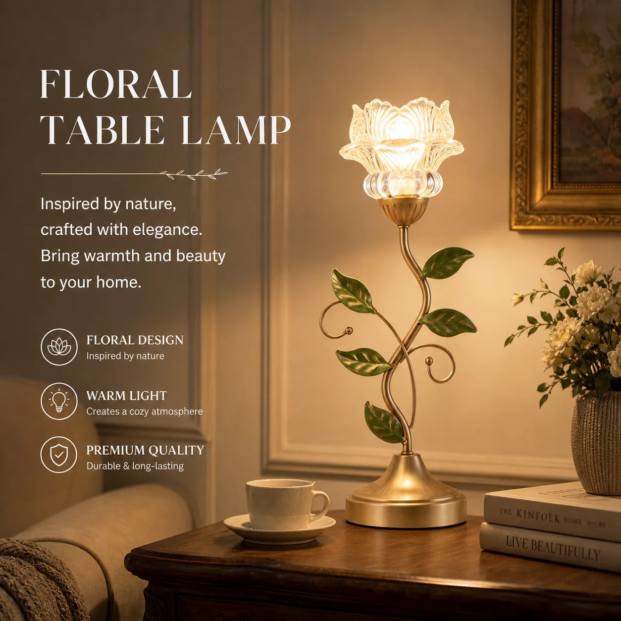 WWPPU Vintage Pastoral Flower Table Lamp Creative Decorative Bedside Light For Living Room Bedroom