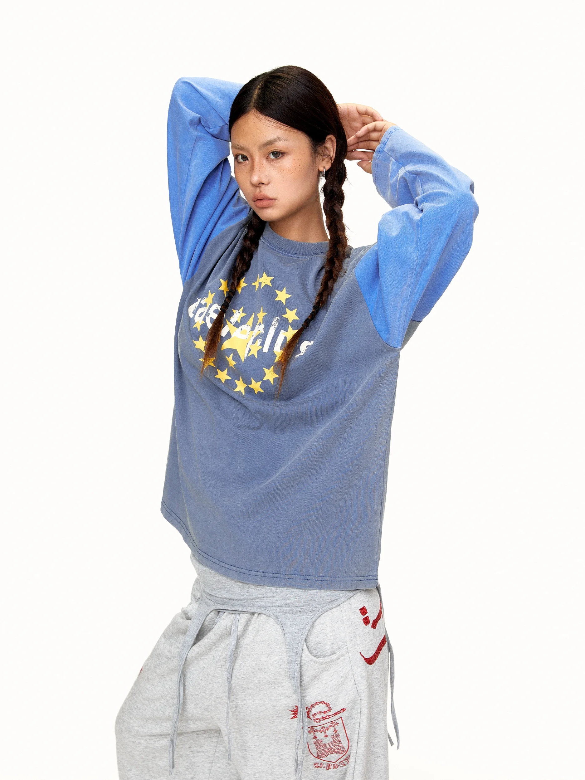 Retro Style Long Sleeve T-Shirt Women's Washed Patchwork Star Letter Print Top Breathable Cotton Autumn Fashion Casual Shirt
