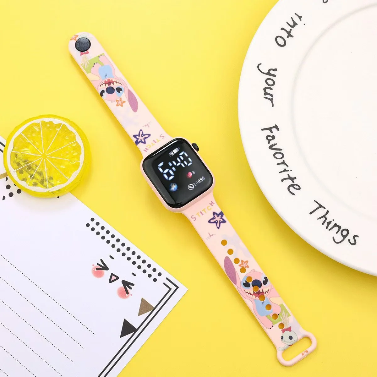 Miniso Disney Stitch cartoon color printed student LED electronic watch fashionable printed square Y1 button electronic watch