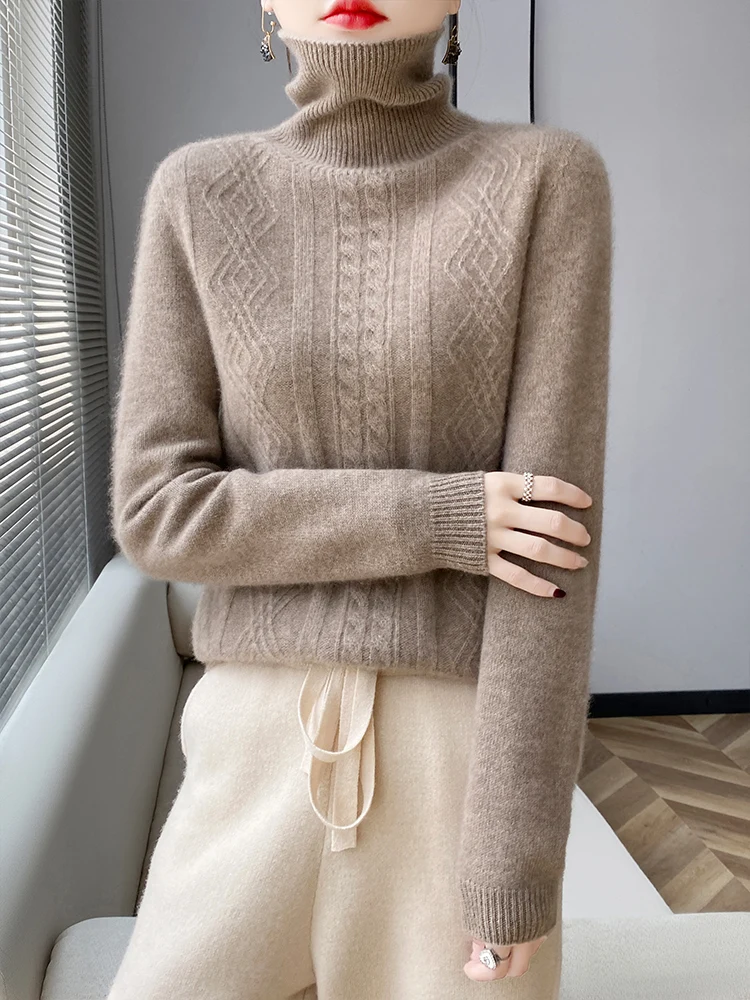 

Women's temperament 100% pure wool Fried Dough Twists high neck sweater