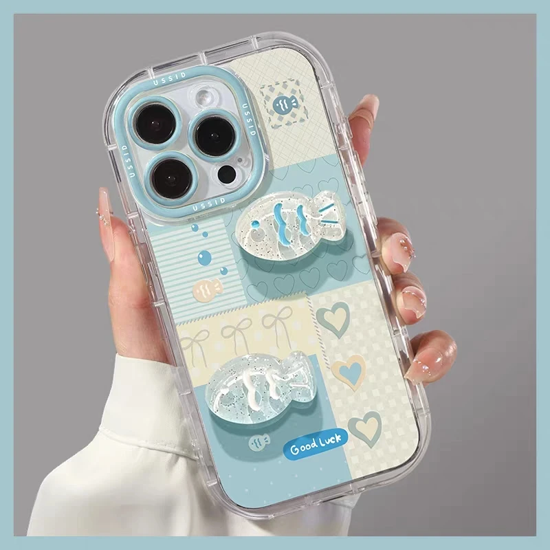 الطازجة المحيط الأسماك الحب القلب ثلاثية الأبعاد للطي قوس متوافق آيفون 16 15 11 13 12 14 برو ماكس 16 زائد ريشة الغزل غطاء ناعم #3