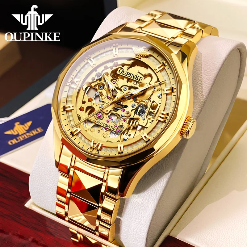 

OUPINKE Top Original Skeleton Automatic Mechanical Watch for Men Luxury Sapphire Mirror Tungsten Steel 5bar Waterproof Man Watch