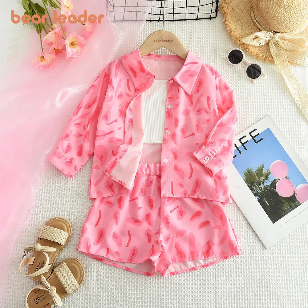 Bear Leader Girls Pink Leopard Print Long Sleeves Blouse Shirt Short+White Vest Sets Outfits 3-7Y Children's Clothes 3-piece Set