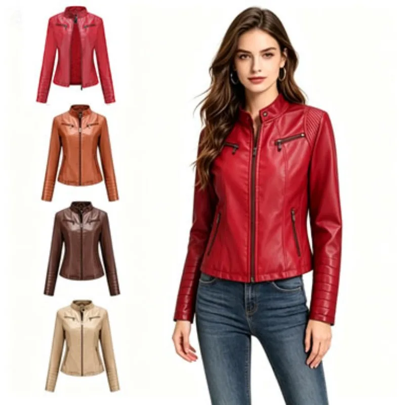 Women's Leather Jacket Spring and Autumn PU Locomotive Short Fashion Jacket Stand-up Coat Casual Slim Fit Trendy Streetwear Top