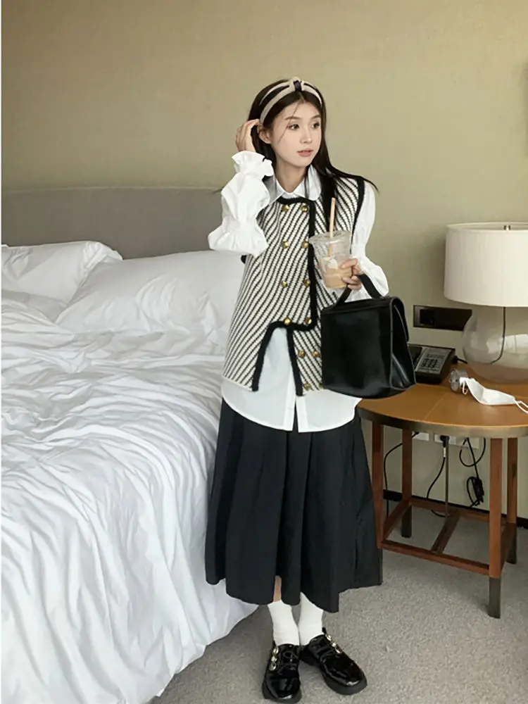 French Gentle Style Set Design Sense Vest Spring and Autumn Bubble Sleeve Shirt High Waist Loose Skirt 3-piece Set