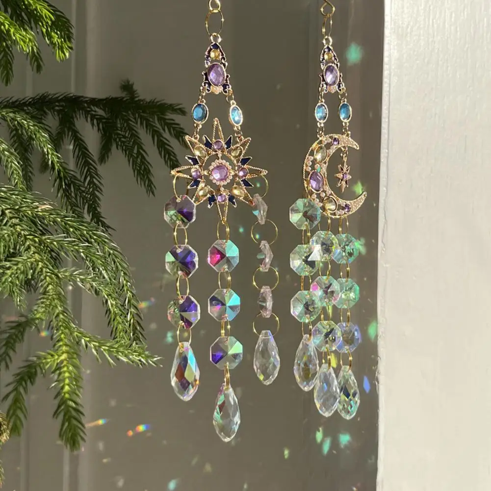 Metal Wind Chime Decorative Wind Chime Silver Wind Chime Suncatcher Star Moon Heart Prism Hanging Ornament Rainbow for Window