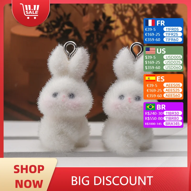 

30Pcs Fluffy Flocked cute Rabbit Charms 3D Mini Cartoon Ornament Pendant for make DIY Jewelry Crafts Necklace Earring fittings