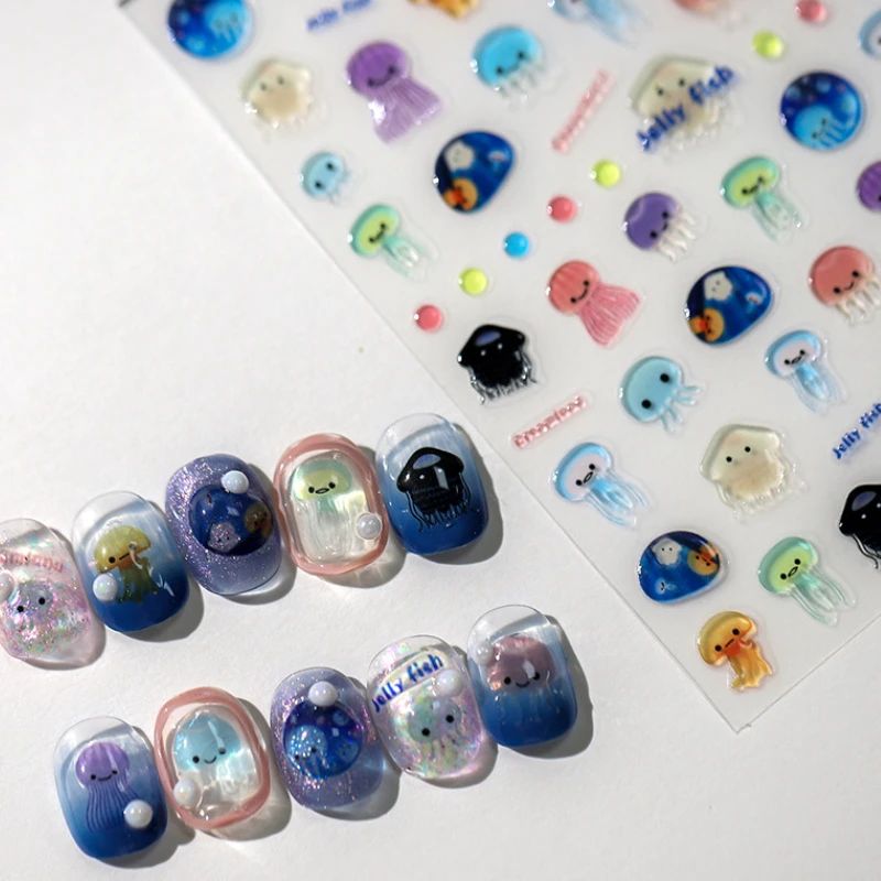 Cute Cartoon Jellyfish Jelly Design 5D Soft Embossed Reliefs Self Adhesive Nail Art Sticker Stars Love Heart 3D Manicure Decals