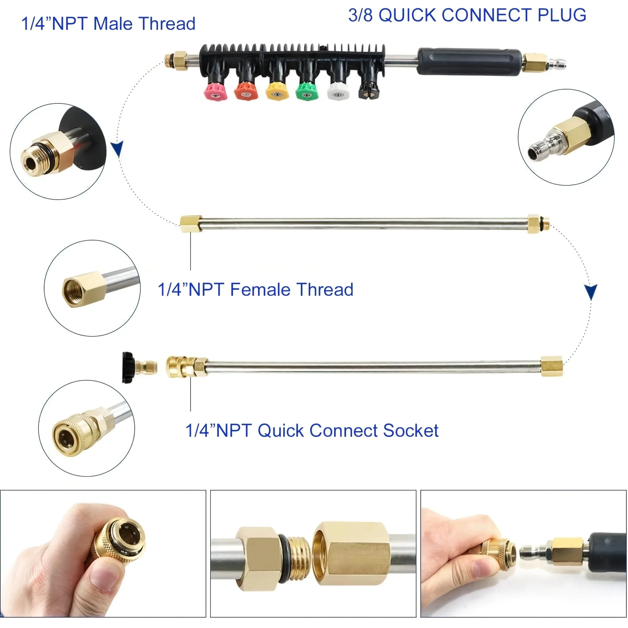 9‑Pieces High‑Pressure Extension Rod Set, 6 Multi‑Angle Nozzles 30°/90°/120°, 1/4