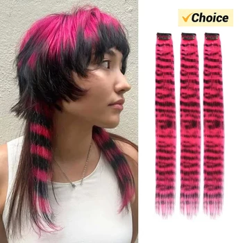 Stripe Printed Hair Colorful Long Straight Hair Pieces Synthetic Clip-in Hair Extensions for Daily Use Party Halloween