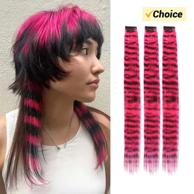 Stripe Printed Hair Colorful Long Straight Hair Pieces Synthetic Clip-in Hair Extensions for Daily Use Party Halloween