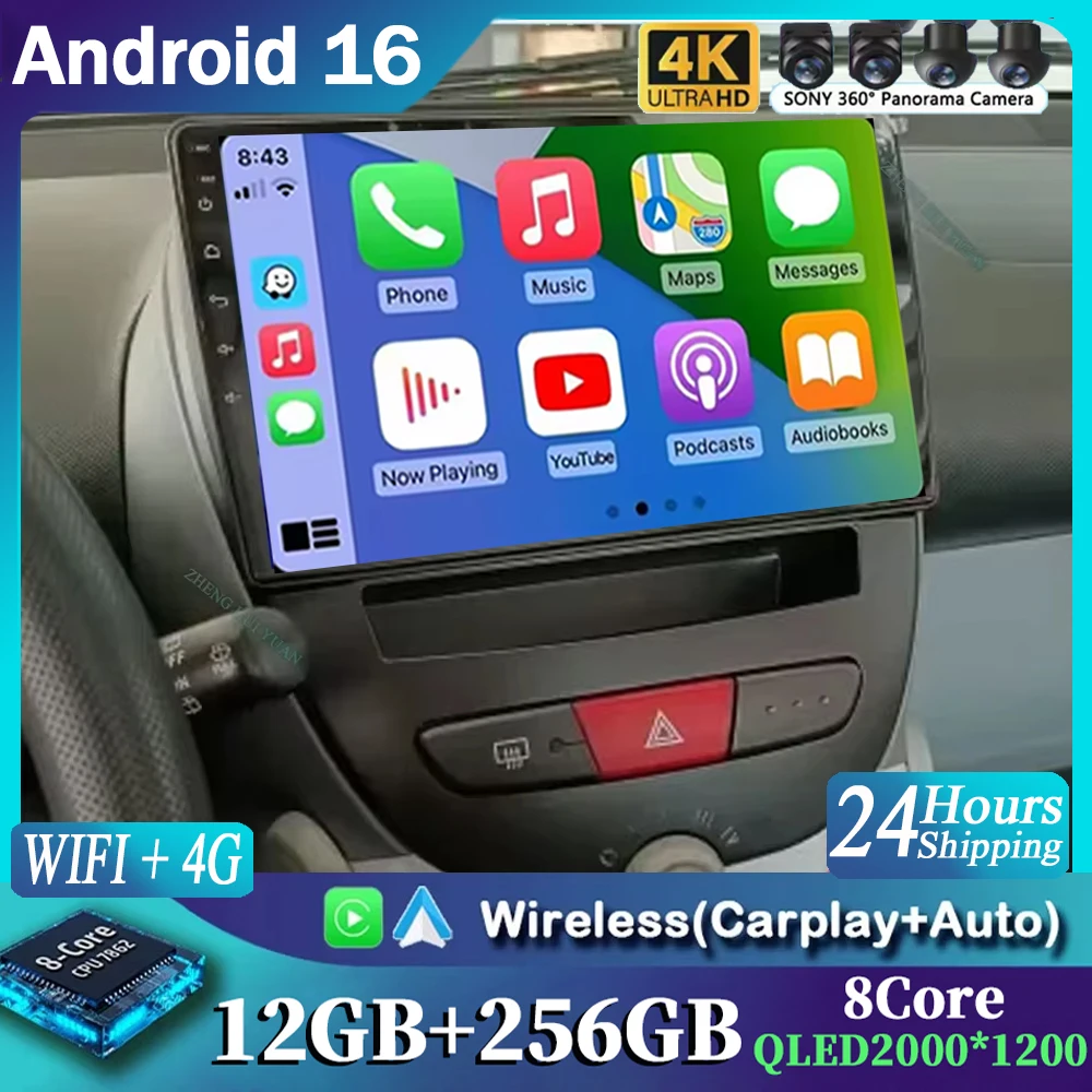 For Peugeot 107 For Toyota Aygo 2005 - 2014 Android 16 12+256GB CarPlay Auto Car Radio Multimedia Video Player GPS stereo Head