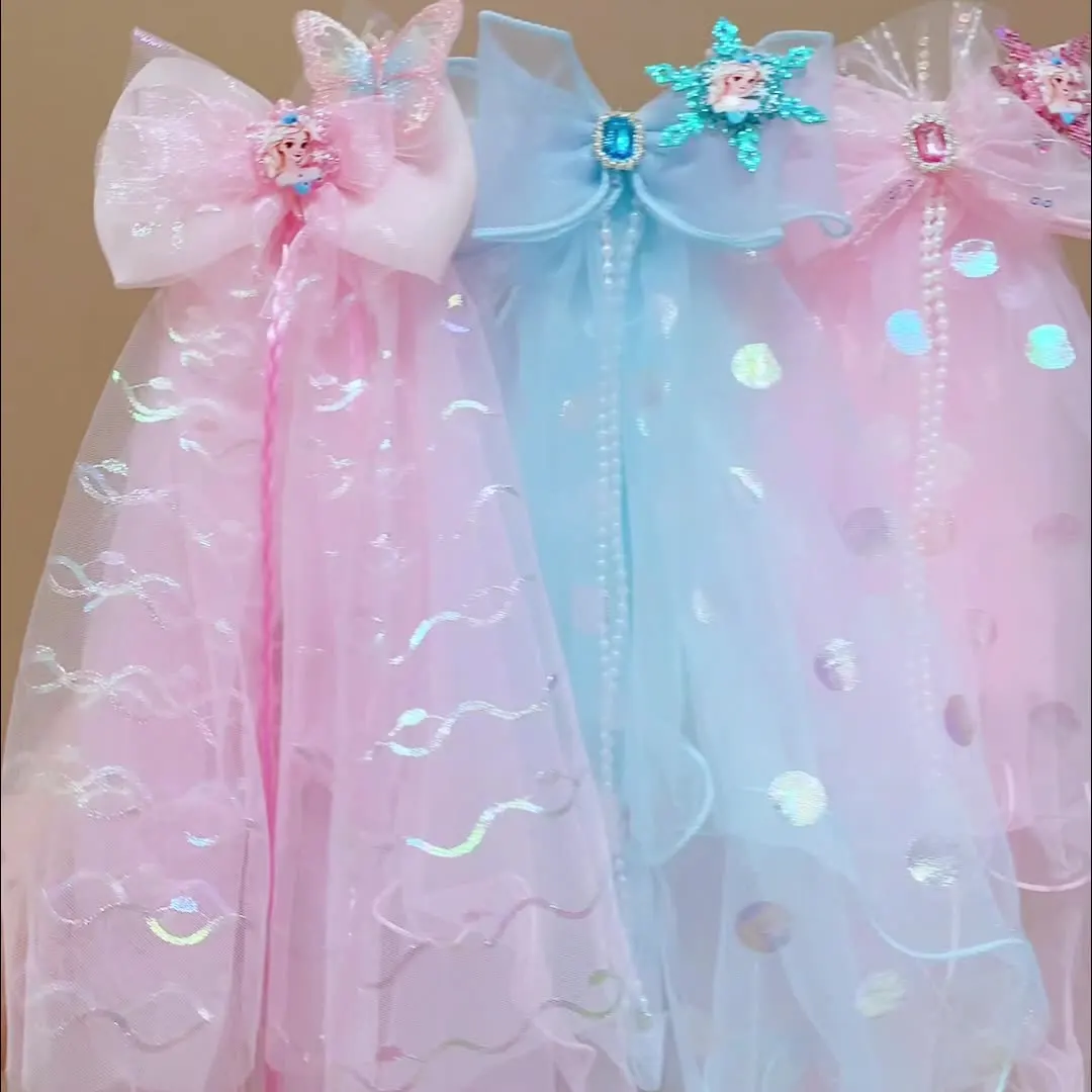 

New Disney Elsa Headcloth Hair Clip Cartoon sequins Pearl Bow Sweet Mesh for Girls Ice Queen Hair Accessories Girl Gift