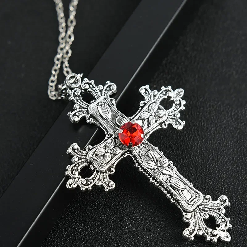 Large Goth Vintage Cross Necklace Silver Color with Crystals Gothic Crucifix Easter Jewelry Unisex Bejeweled Crucifix Necklaces