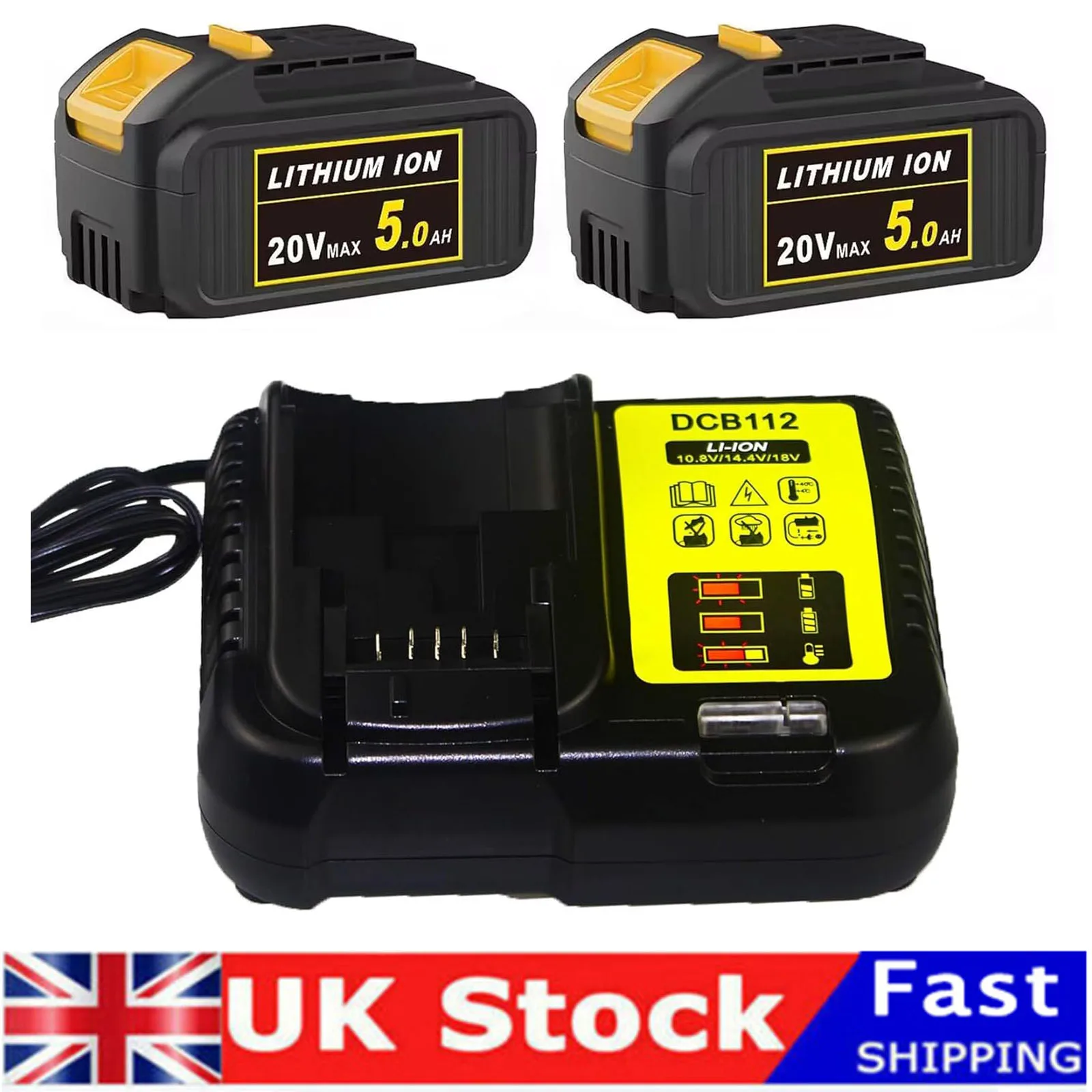 DCB112 Li-ion Battery Charger Replacement Battery Charger for Dewalt 10.8V-18V and 5.0Ah| 2 Batteries & 1 Charger