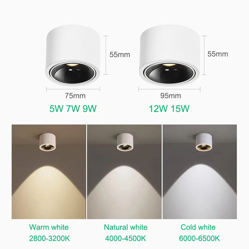 Foco LED COB de ángulo ajustable, luz de techo pequeña montada en superficie, iluminación interior, superbrillante, 5W, 7W, 9W, 12W, 15W