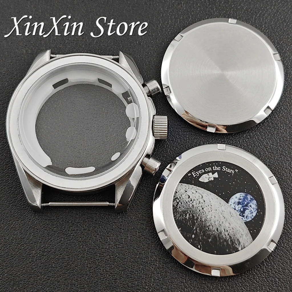 Moon Earth Pattern Watch Case Back Stainless Steel Watch Bottom Cover For Modified Watch Fit VK63 Movement For Speedmaster Case