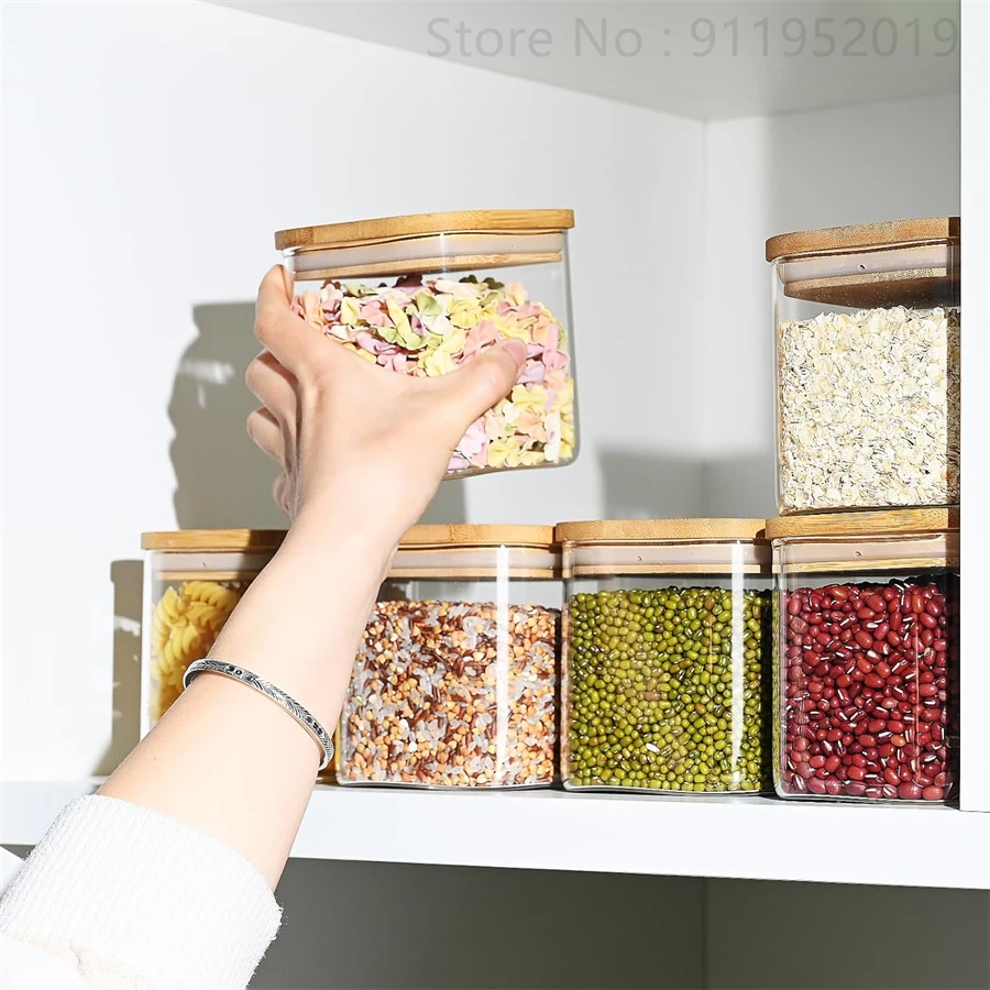 Glass Food Storage Jars with Bamboo Lids,Clear Square Airtight Kitchen Storage Container,Stackable Glass Pantry Food Canisters