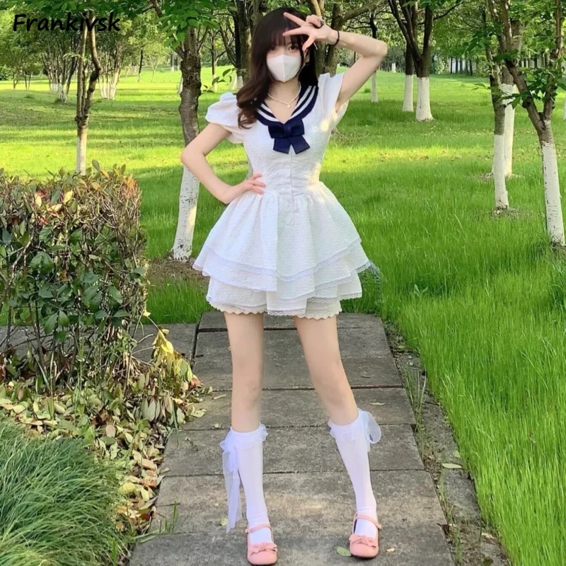 Women Tight Preppy Chill Dresses Bow Japanese Style Sailor Collar Patchwork Cosplay A-line Hotsweet Girlish Summer Popular Cute