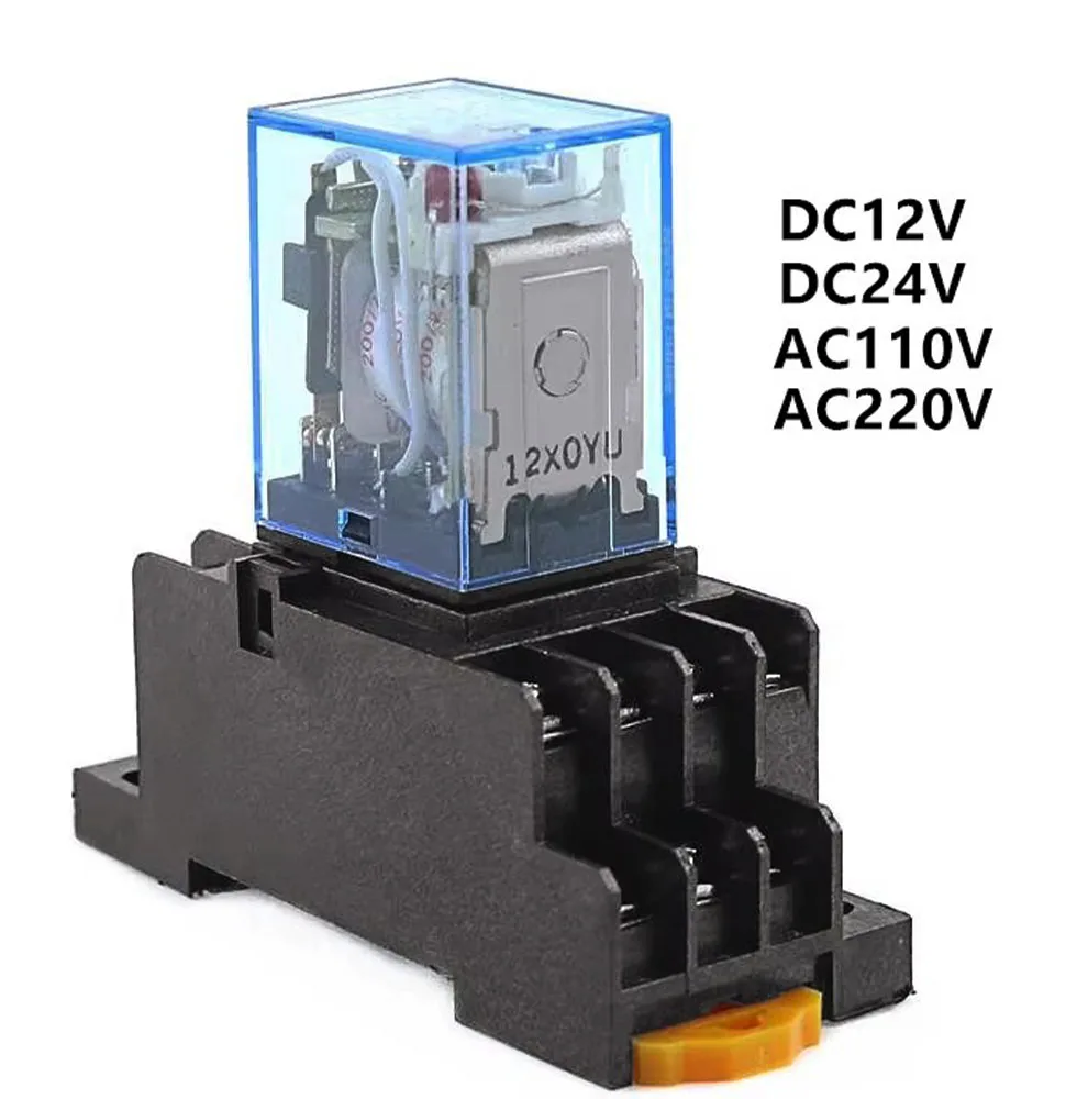 1 세트 MY4 소형 전자기 릴레이 전원 릴레이 DC12V DC24V AC110V AC220V 코일 4NO 4NC DIN 레일 14 핀 + 베이스 미니 릴레이
