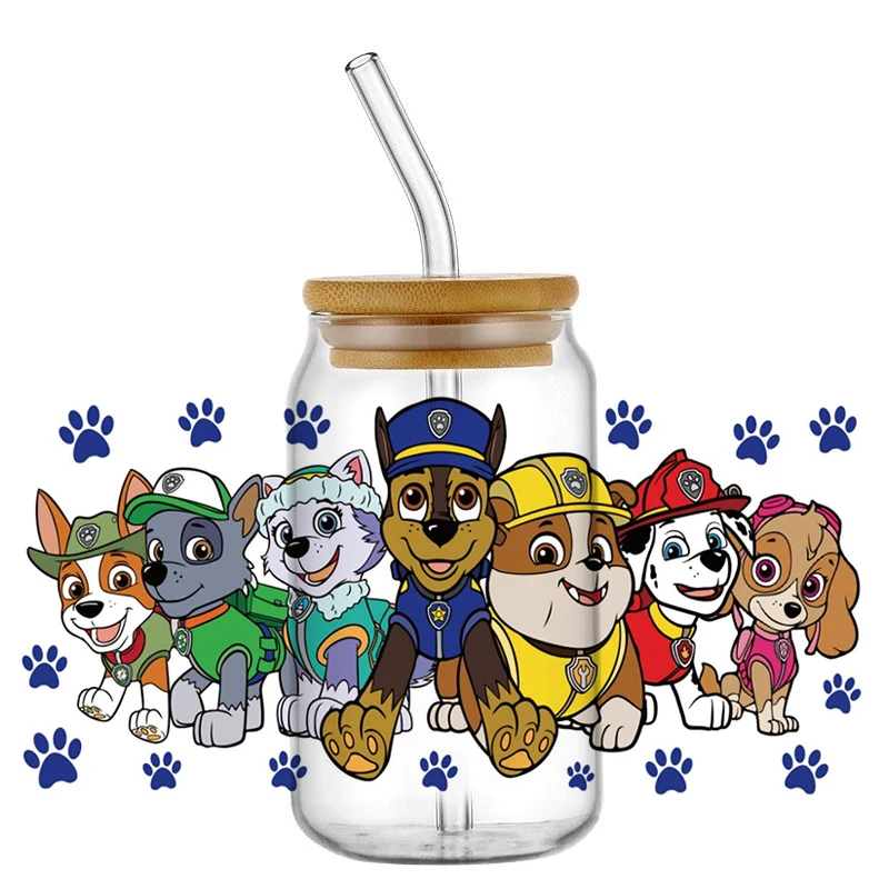 Mininstants-Tasse à café en verre, chien mignon, équipe, dessin animé, chiot, UV, DTF, rond, 16oz, étiez bey, nouveau design, uvdtf, rond,