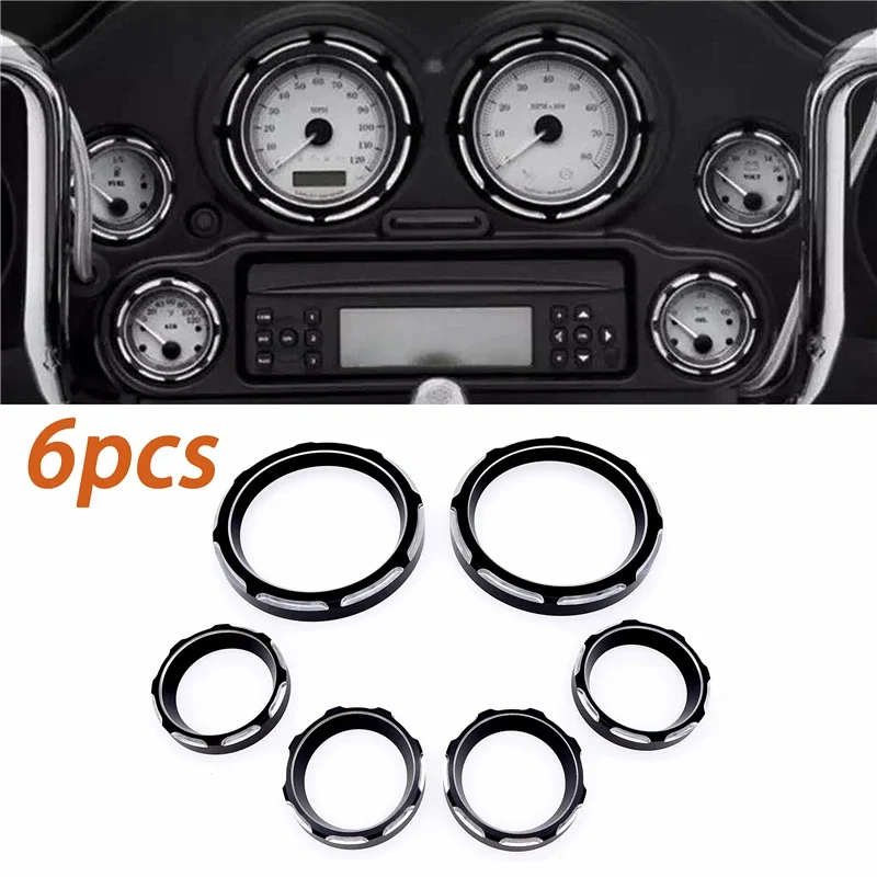6 Pcs Motorcycle Instrument Cover Board Speedometer Gauge Burst Bezel Trim Ring Kit For Harley Touring Road Street Glide 96-13