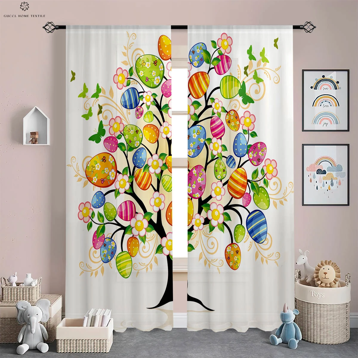 2 Pieces Easter Decorative Curtains Egg Tree Cartoon Rabbit Print Curtains Suitable for Bedroom Living Room Kitchen Curtains