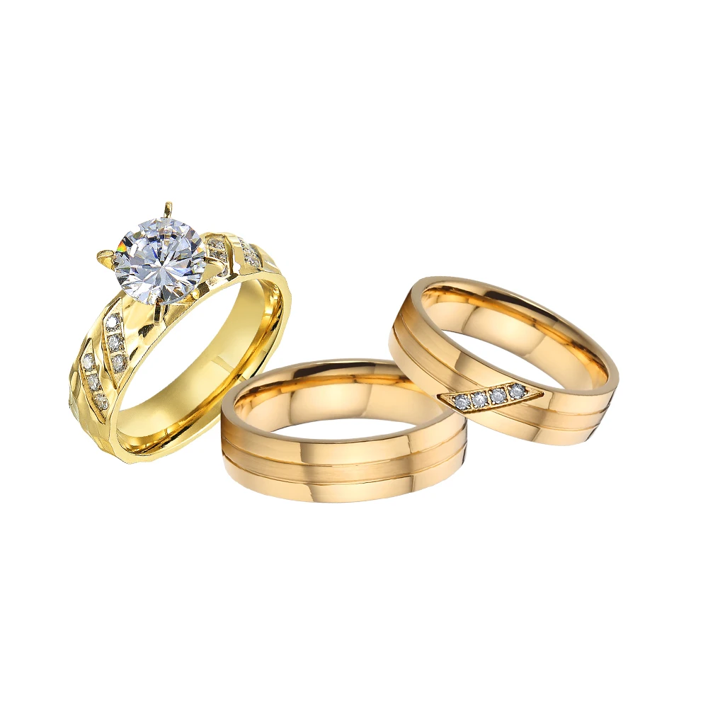 Online Jewelry Store 3pcs Wedding Engagement Rings Sets For Men and Women 18k Gold Plated Ring bijoux en or italie