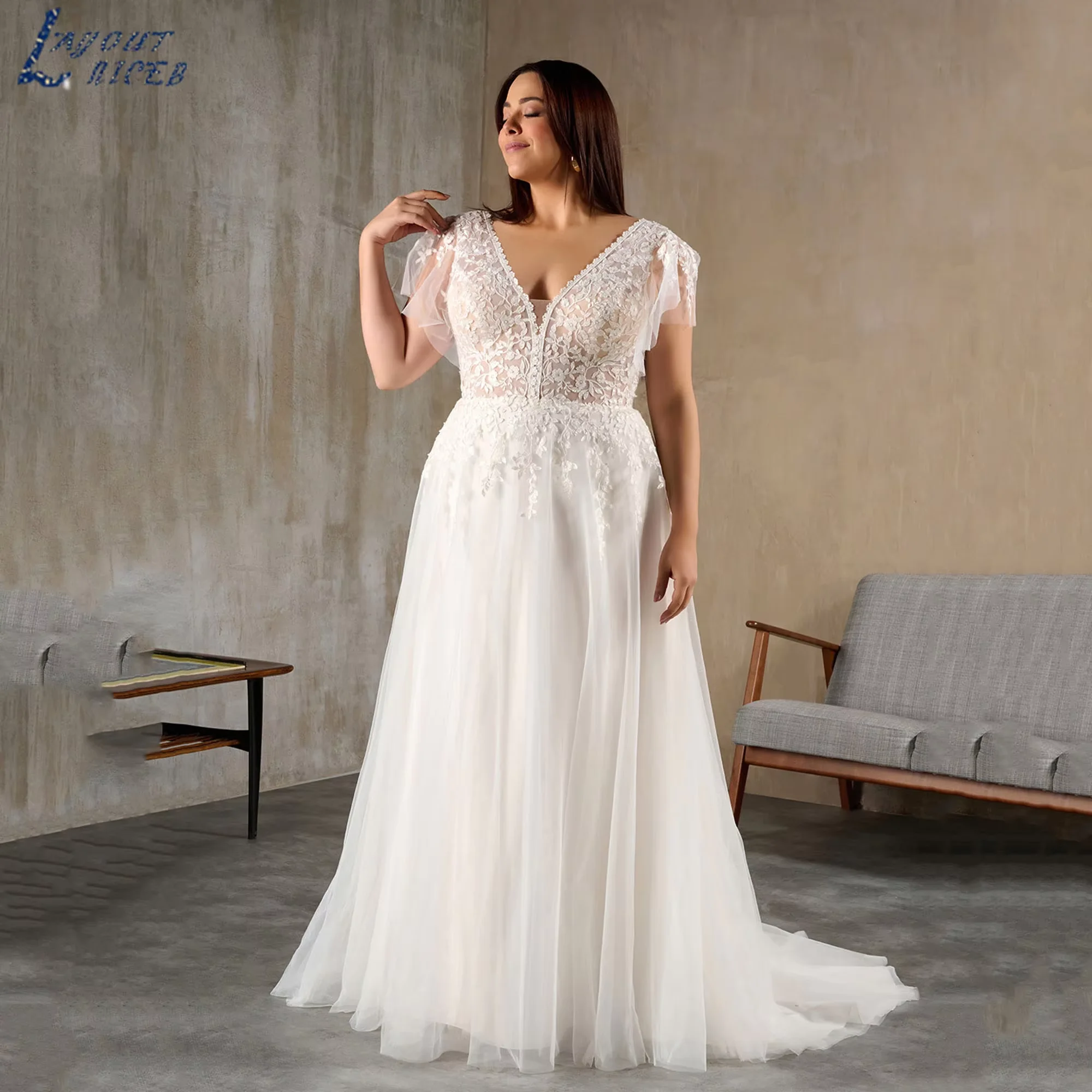 Plus Size Wedding Dresses V-neck A-line Batwing Sleeves Tulle Bridal Gowns Vintage Lace Appliques vestidos de novia Customized view 4
