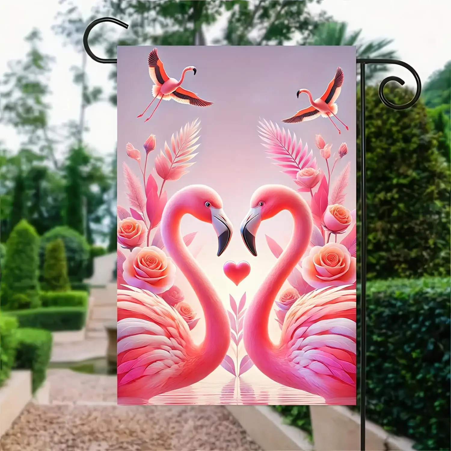 Valentine’s Day Flamingo Garden Flag 12x18 Inch Double Sided Love Flamingo Heart Floral Design Small Outdoor Yard Flag Roman zzo